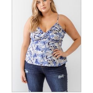 NEW Plus Size Blue Floral Print Woven Ruffle Sleeveless Back Zipper Tank Top